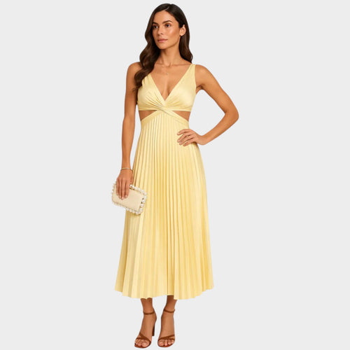 Women’s Pleated Maxi Dress Sleeveless V-Neck Ruched Waist