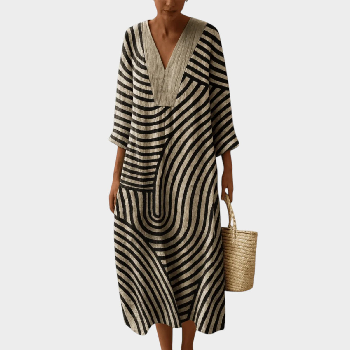 Women’s V-Neck Striped Midi Dress with Three-Quarter Sleeves