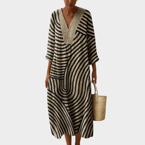 Women’s V-Neck Striped Midi Dress with Three-Quarter Sleeves