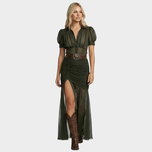 Women’s Chiffon Maxi Dress with Lapel Collar and Ruched Skirt