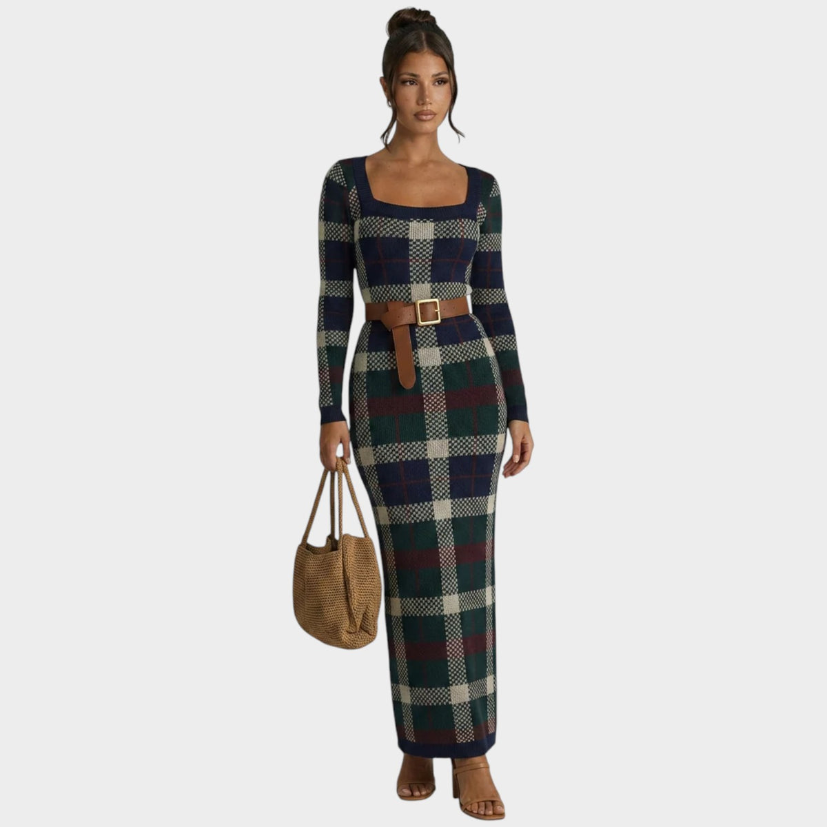 Women’s Check Knit Maxi Dress with Square Neck, Long Sleeves and Waist Belt