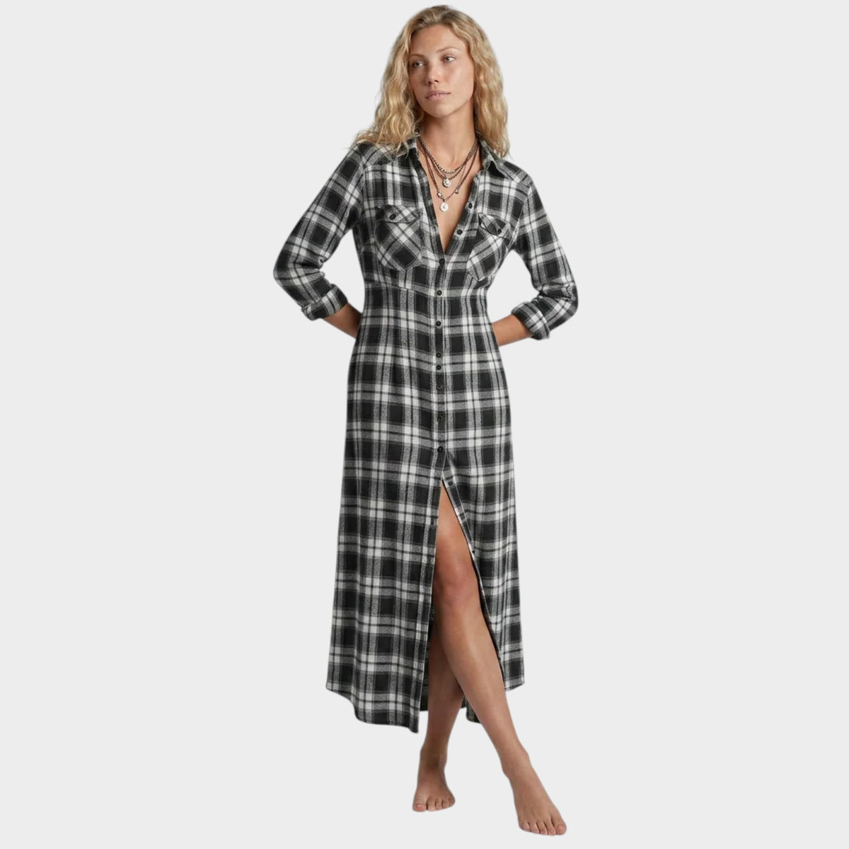 Women’s Plaid Shirt Maxi Dress with Button Front and Long Sleeves