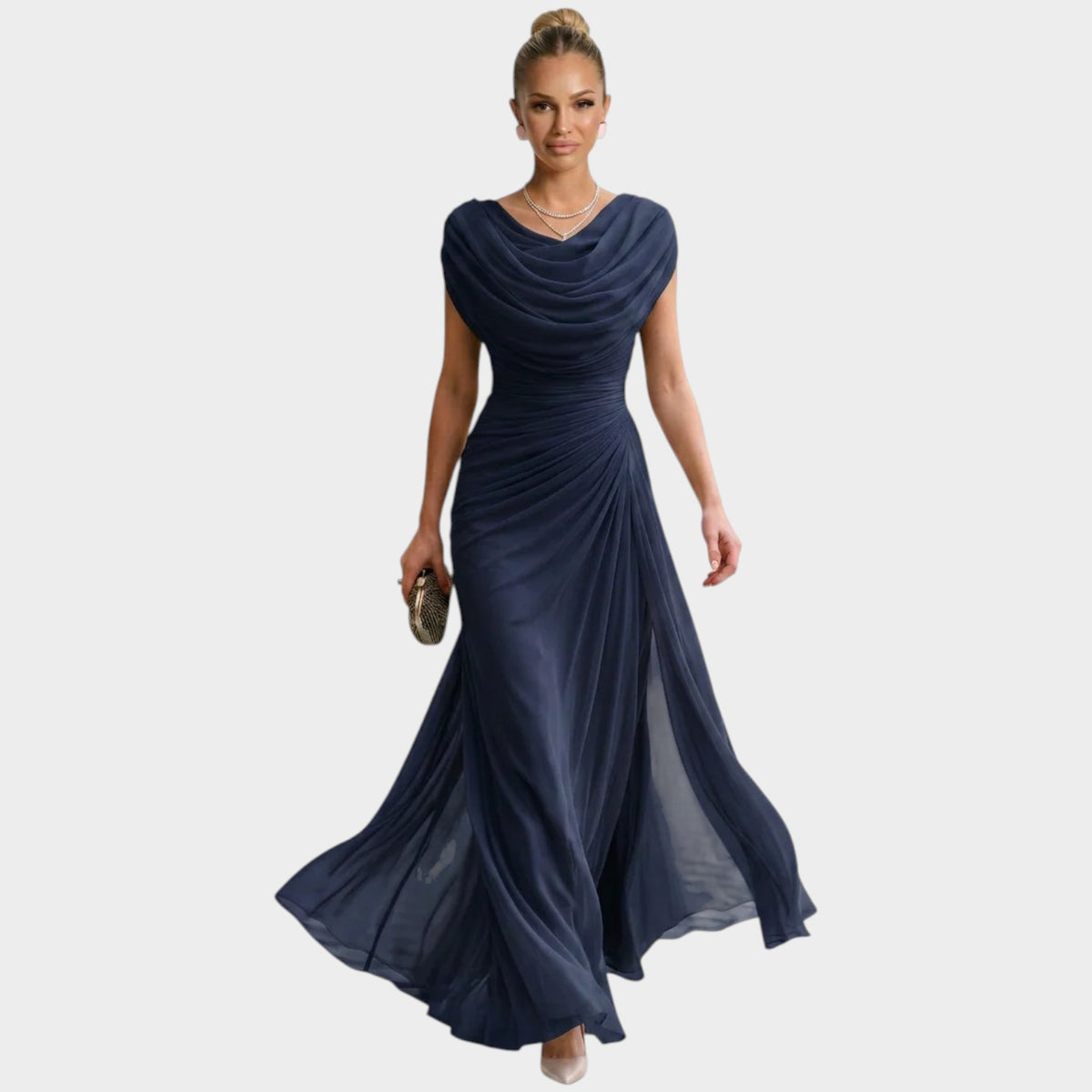 Women’s Maxi Dress with Draped Cowl Neck Ruched Waist