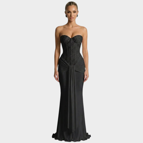 Women’s Strapless Sequin Maxi Dress with Draped Skirt
