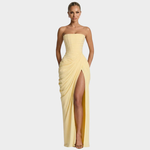 Women’s Strapless Maxi Dress with Gathered Bodice and Front Slit