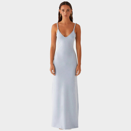 Women’s Maxi Dress with Twisted Shoulder Straps and Plunge V-Neck
