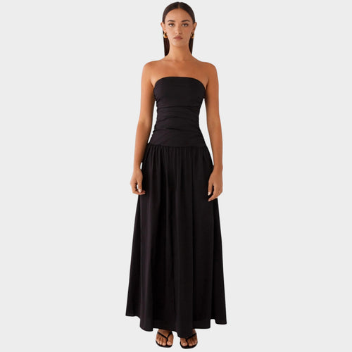 Women’s Strapless Maxi Dress with Ruched Bodice Flowing Skirt