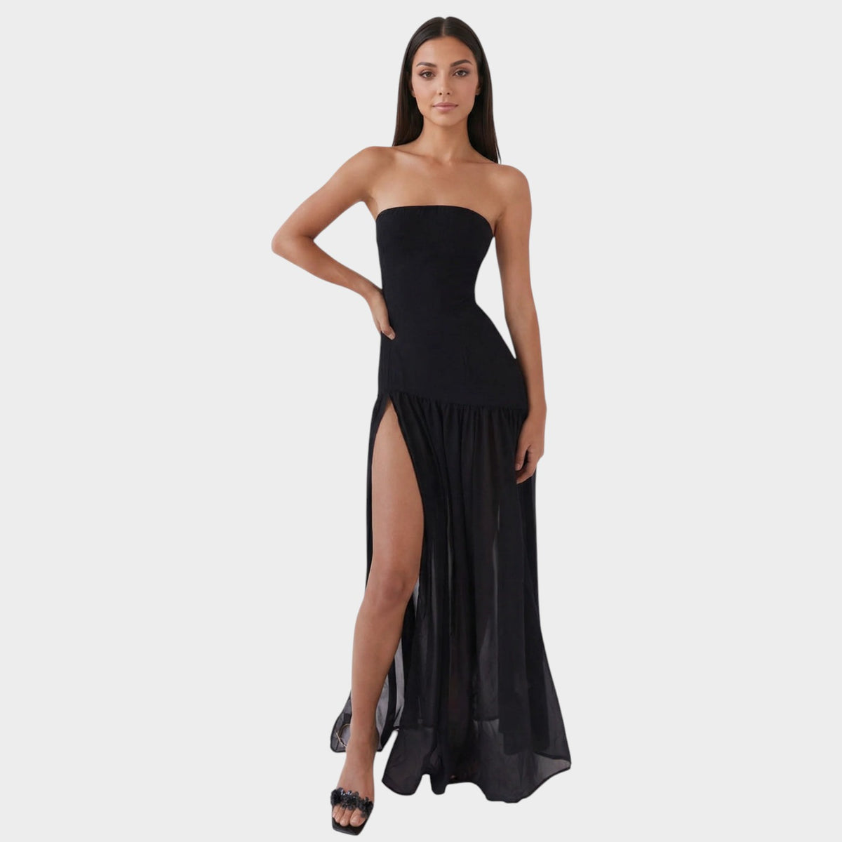 Women’s Strapless Maxi Dress with Gathered Skirt and Side Slit