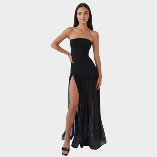 Women’s Strapless Maxi Dress with Gathered Skirt and Side Slit