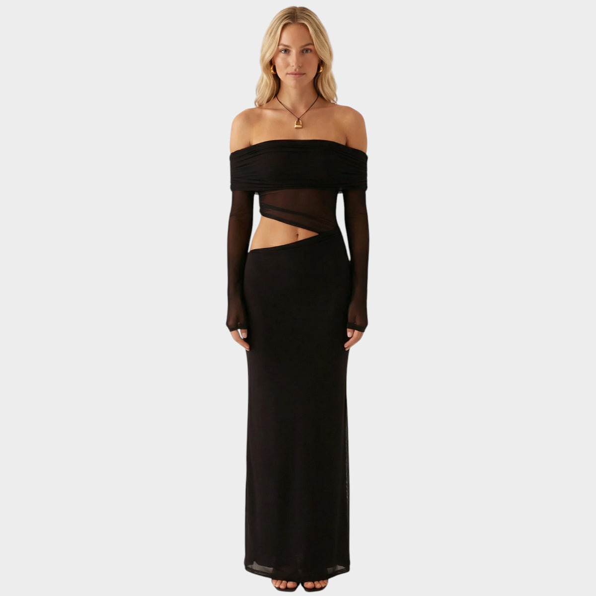 Women’s Off-Shoulder Maxi Dress with Sheer Long Sleeves and Side Cut-Outs