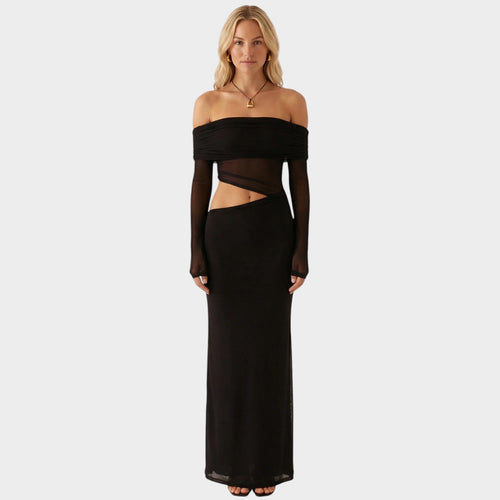 Women’s Off-Shoulder Maxi Dress with Sheer Long Sleeves and Side Cut-Outs