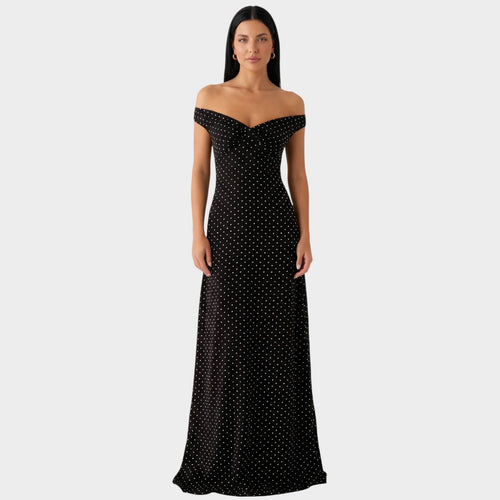 Women’s Polka Dot Maxi Dress with Off-Shoulder Sweetheart Neckline