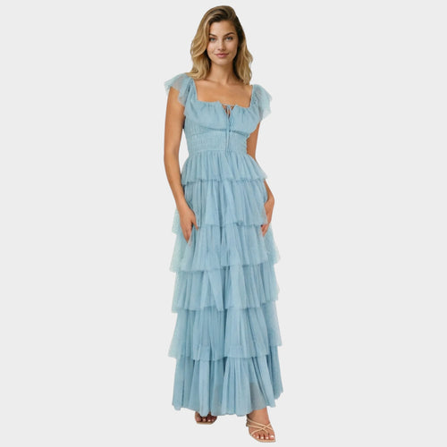 Women’s Tiered Ruffle Maxi Dress with Square Neckline and Short Flutter Sleeves