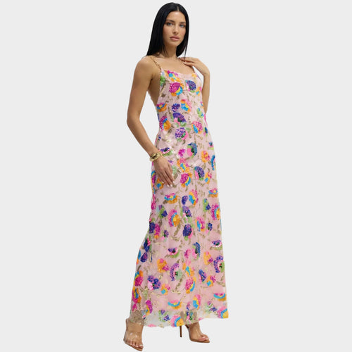 Women’s Floral Sequin Maxi Dress with Gold Chain Straps Open Back