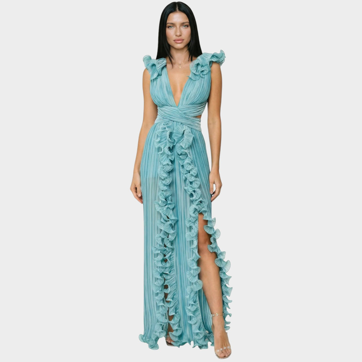 Women’s Pleated Maxi Dress with Deep V-Neck, Waist Cut-Outs and Ruffle Trim