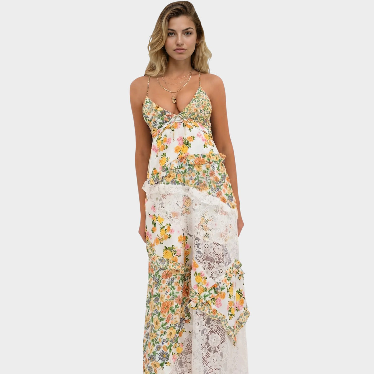 Women’s Floral Print Maxi Dress with Lace Panels V-Neck