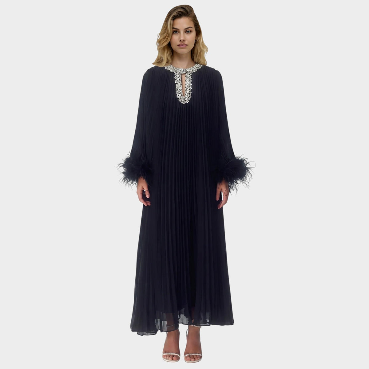 Women’s Pleated Maxi Dress with Embellished Keyhole Neckline and Feather Cuffs