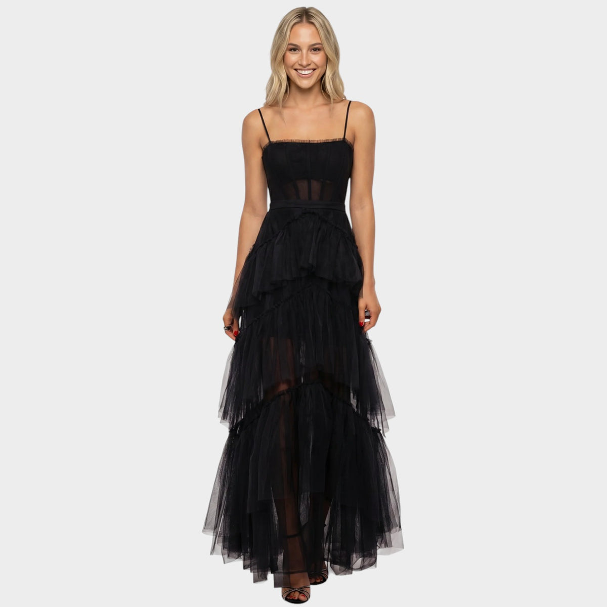 Women’s Mesh Corset Maxi Dress with Spaghetti Straps