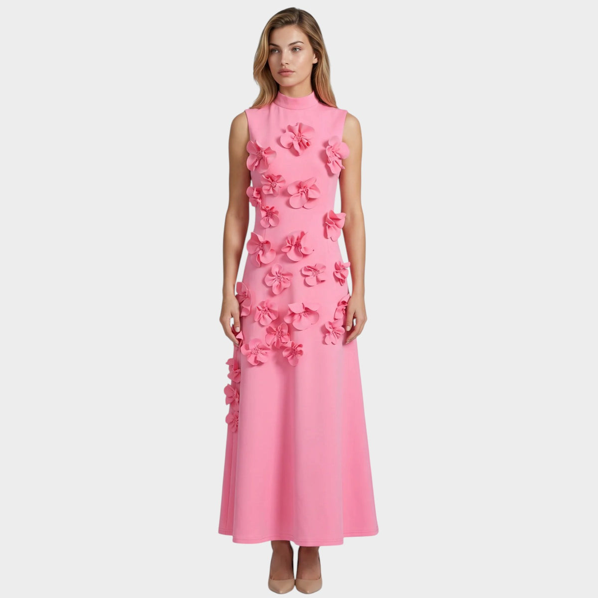 Women’s Floral Appliqué Maxi Dress with High Neck and Sleeveless Design