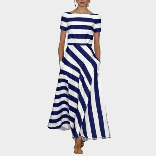 Women’s Striped Maxi Dress with Short Sleeves and Pockets