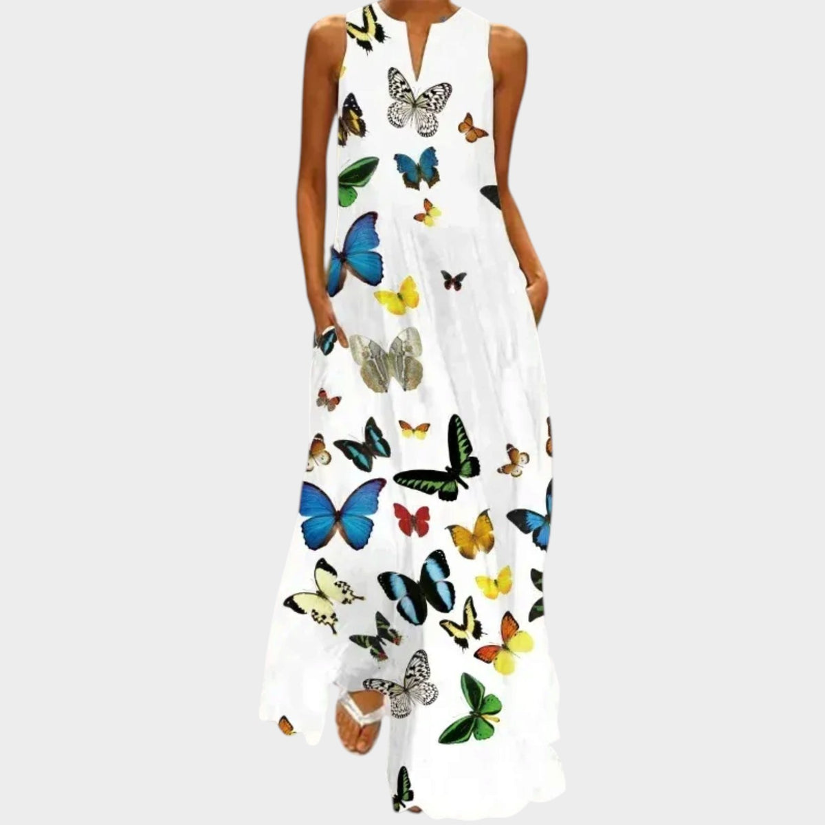 Women’s Sleeveless Maxi Dress with V-Neck, A-Line Fit and Printed Design