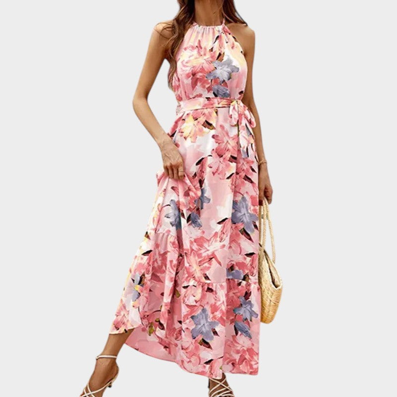 Women’s Floral Halter Neck Maxi Dress with Waist Tie and Tiered Skirt