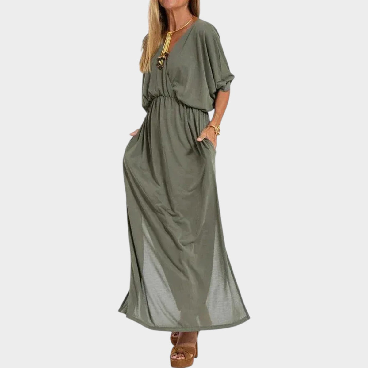Women’s Vintage Maxi Dress with V-Neckline, Three-Quarter Sleeves and Side Slit