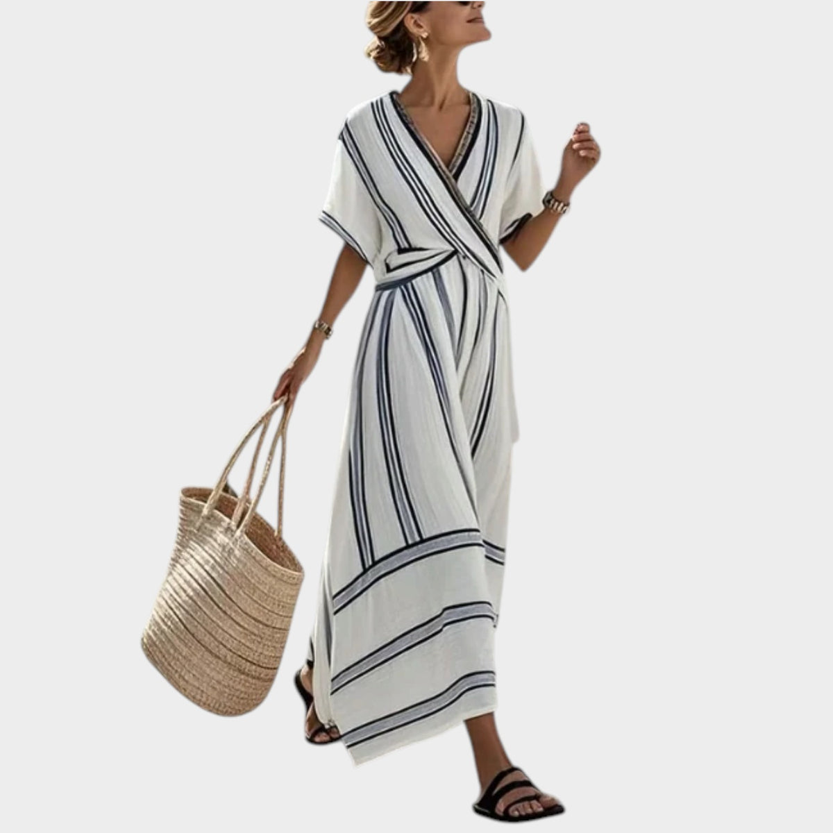 Women’s Striped Wrap Midi Dress with V-Neck