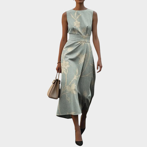Women’s Sleeveless Midi Dress with Floral Pattern and Waist Detail