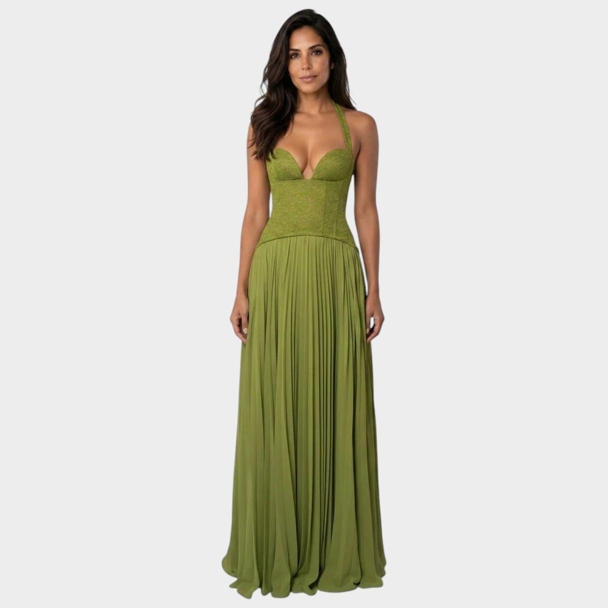 Women’s Lace Bodice Maxi Dress with Sweetheart Neckline and Pleated Chiffon Skirt