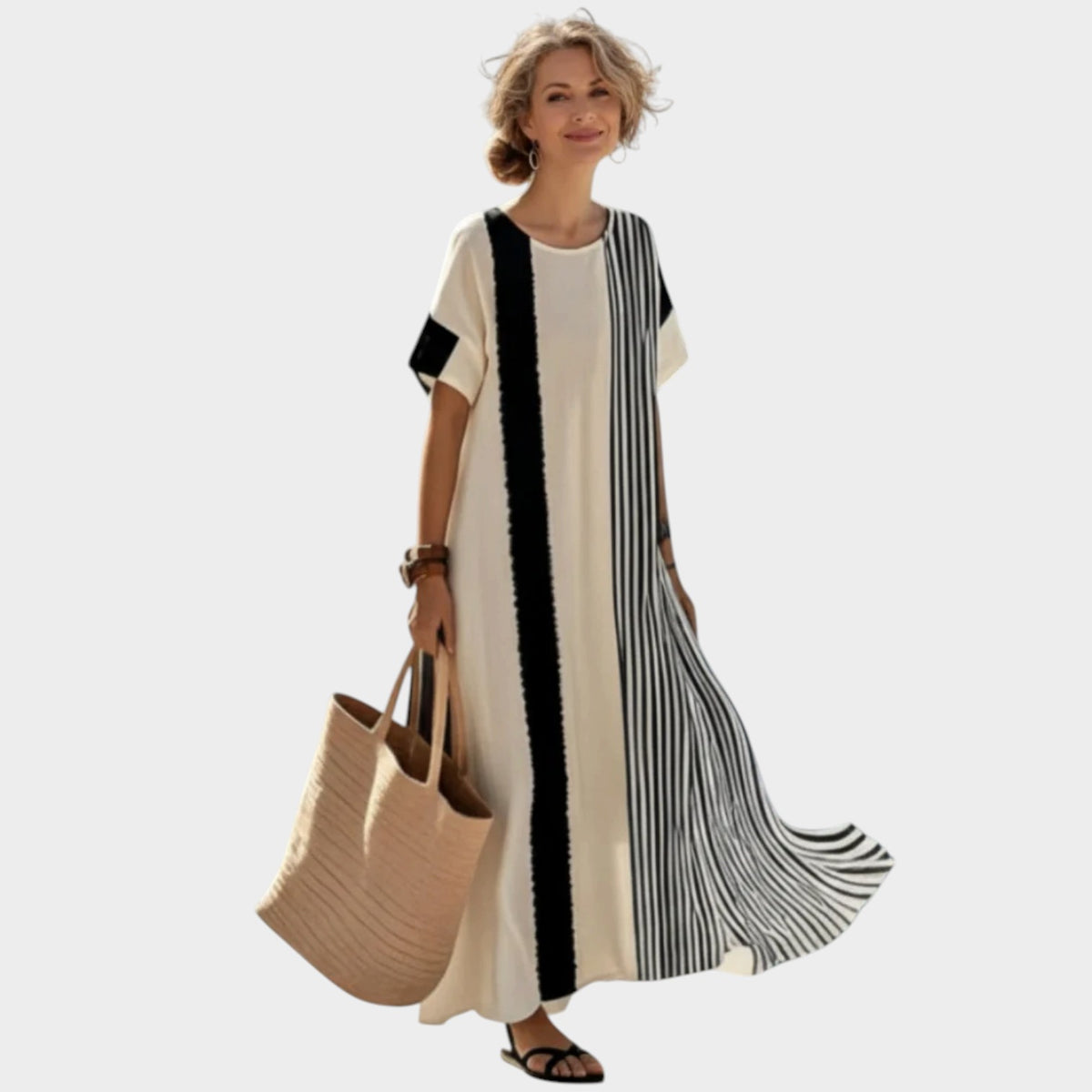 Women’s Striped Maxi Dress with Short Sleeves and Relaxed Fit
