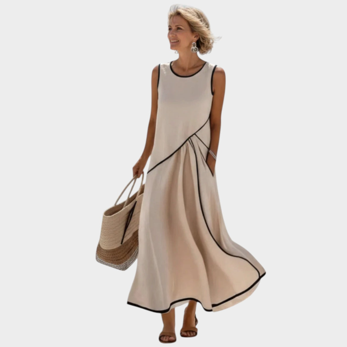 Women’s Sleeveless Maxi Dress with Round Neckline and Contrast Trim