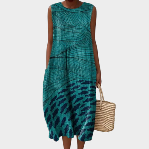 Women’s Abstract Print Midi Dress Sleeveless Round Neck Relaxed Fit
