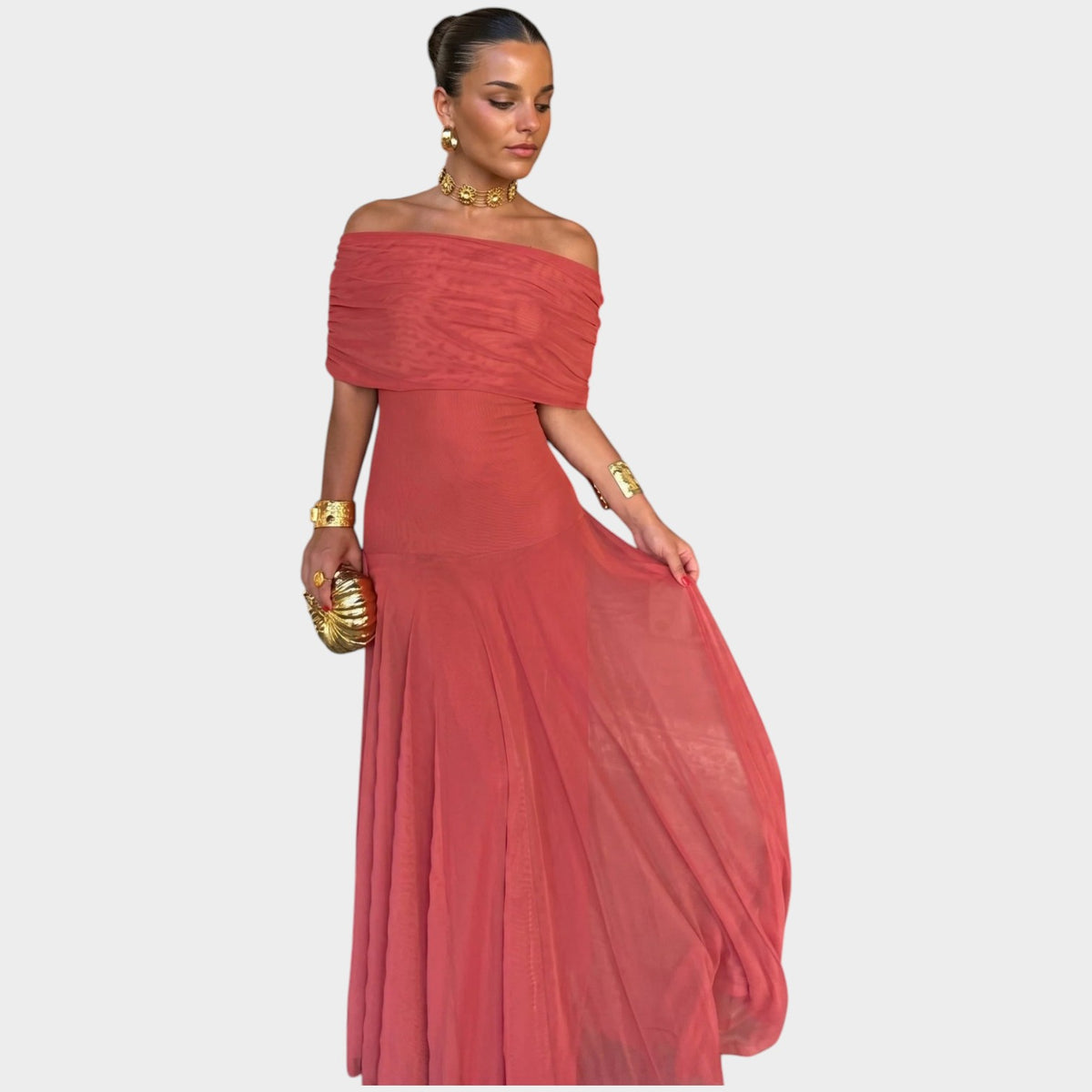 Women’s Off-Shoulder Maxi Dress with Draped Neckline and Flowing Skirt