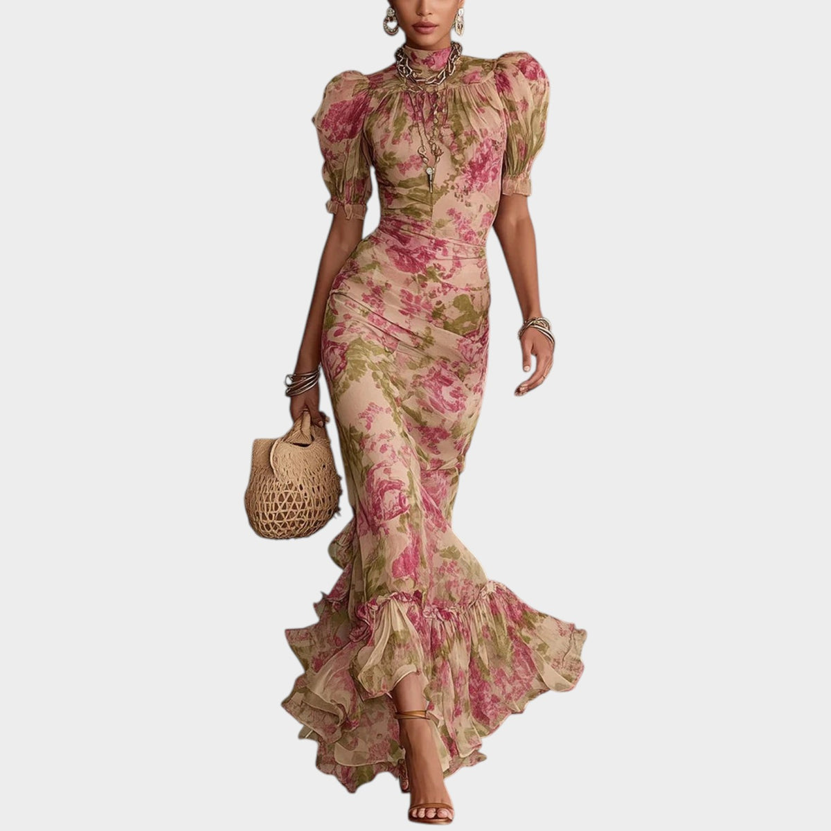 Women’s Floral Maxi Dress with Puff Sleeves, High Neck and Ruffle Hem