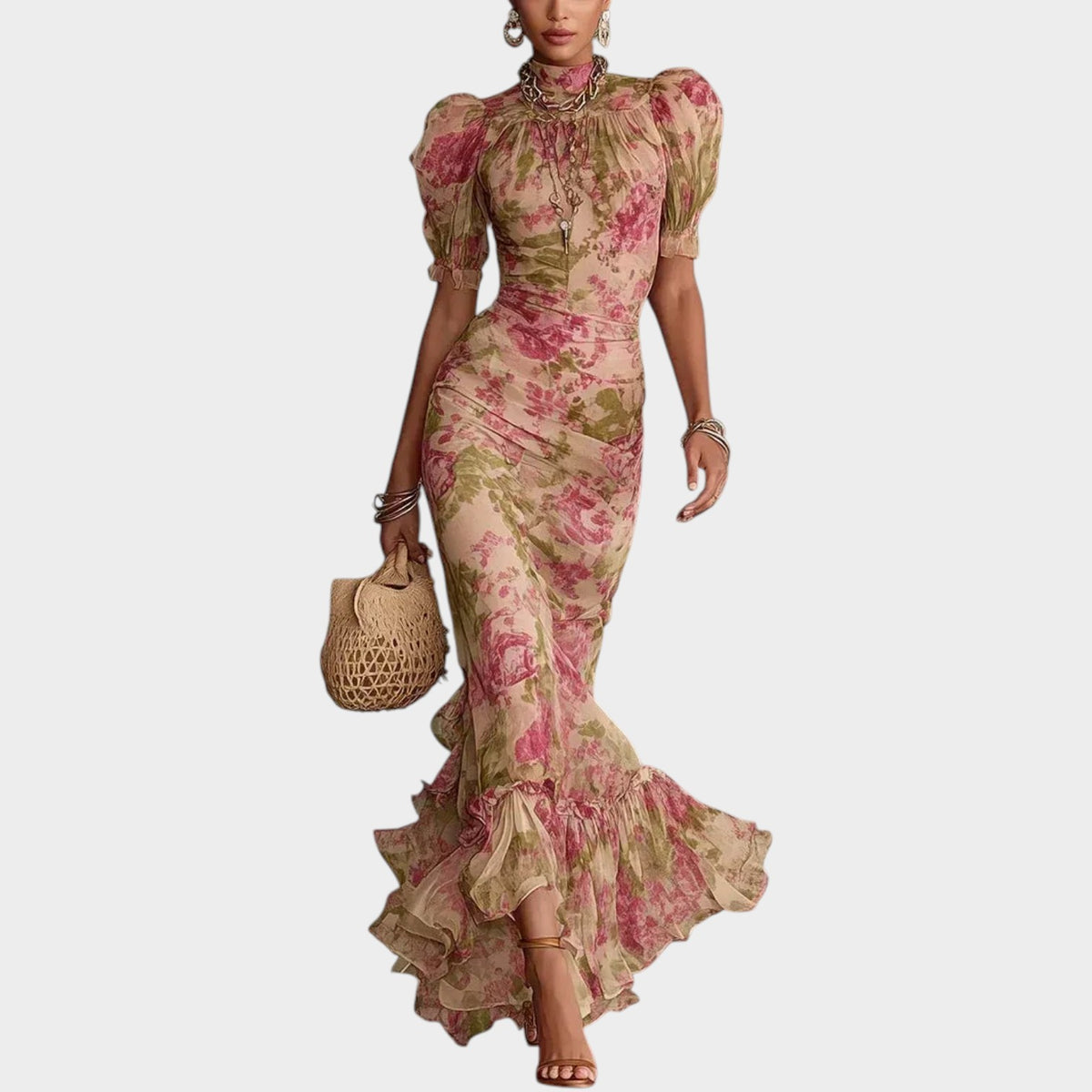 Women’s Floral Print Maxi Dress with Puff Sleeves, High Neck and Ruffle Hem