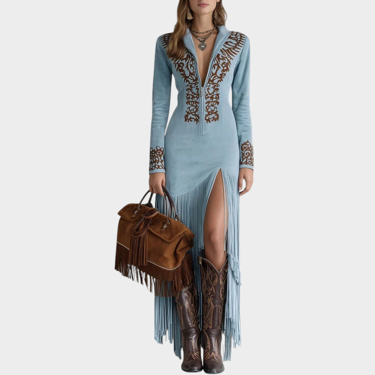 Women’s Western Maxi Dress with Embroidered Neckline and Side Slit
