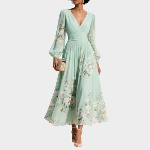 Women’s Floral Midi Dress with V-Neck and Long Sleeves