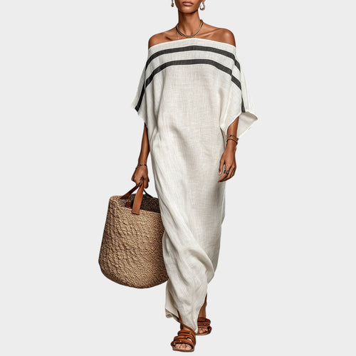 Women’s Off-Shoulder Maxi Dress with Batwing Sleeves and Striped Detail