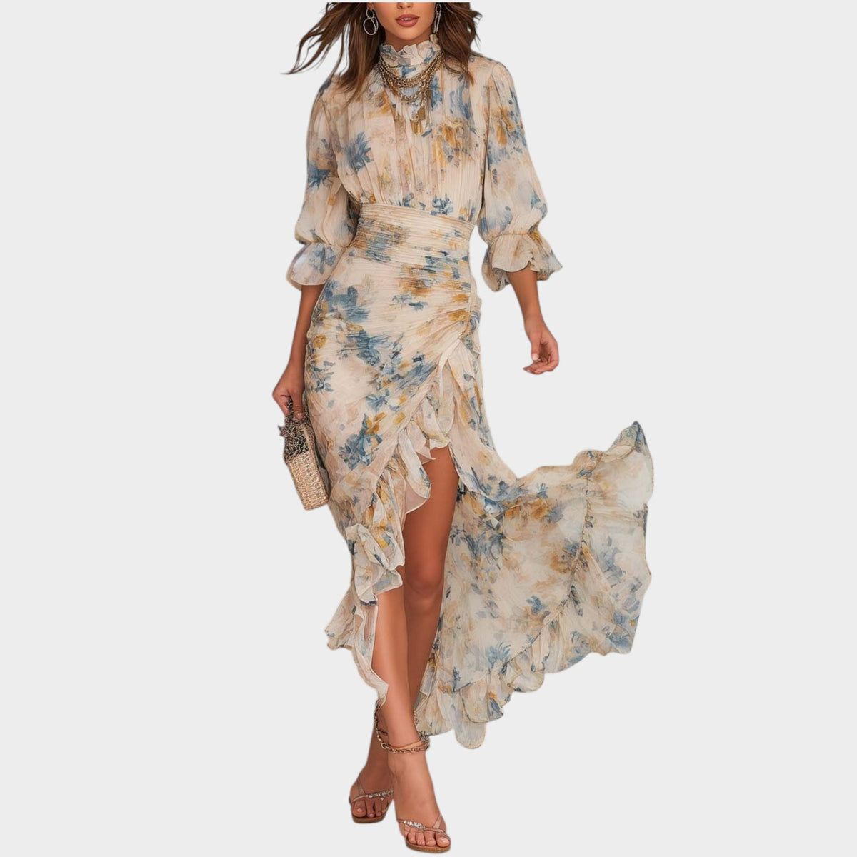 Women’s Floral Chiffon Maxi Dress with High Neck, Puff Sleeves and Ruffle Hem
