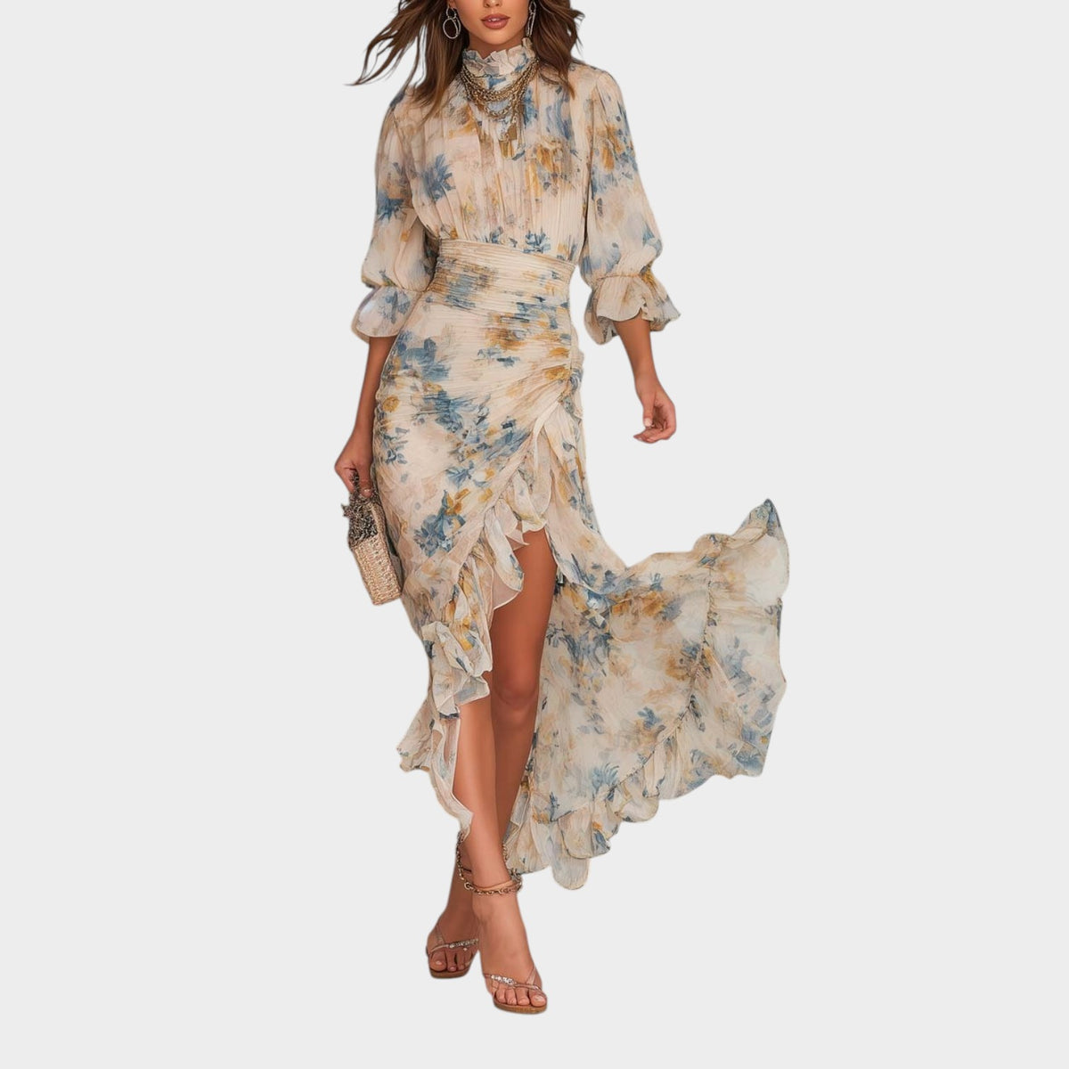 Women’s Floral Maxi Dress with High Neck, Ruched Waist and Ruffle Hem