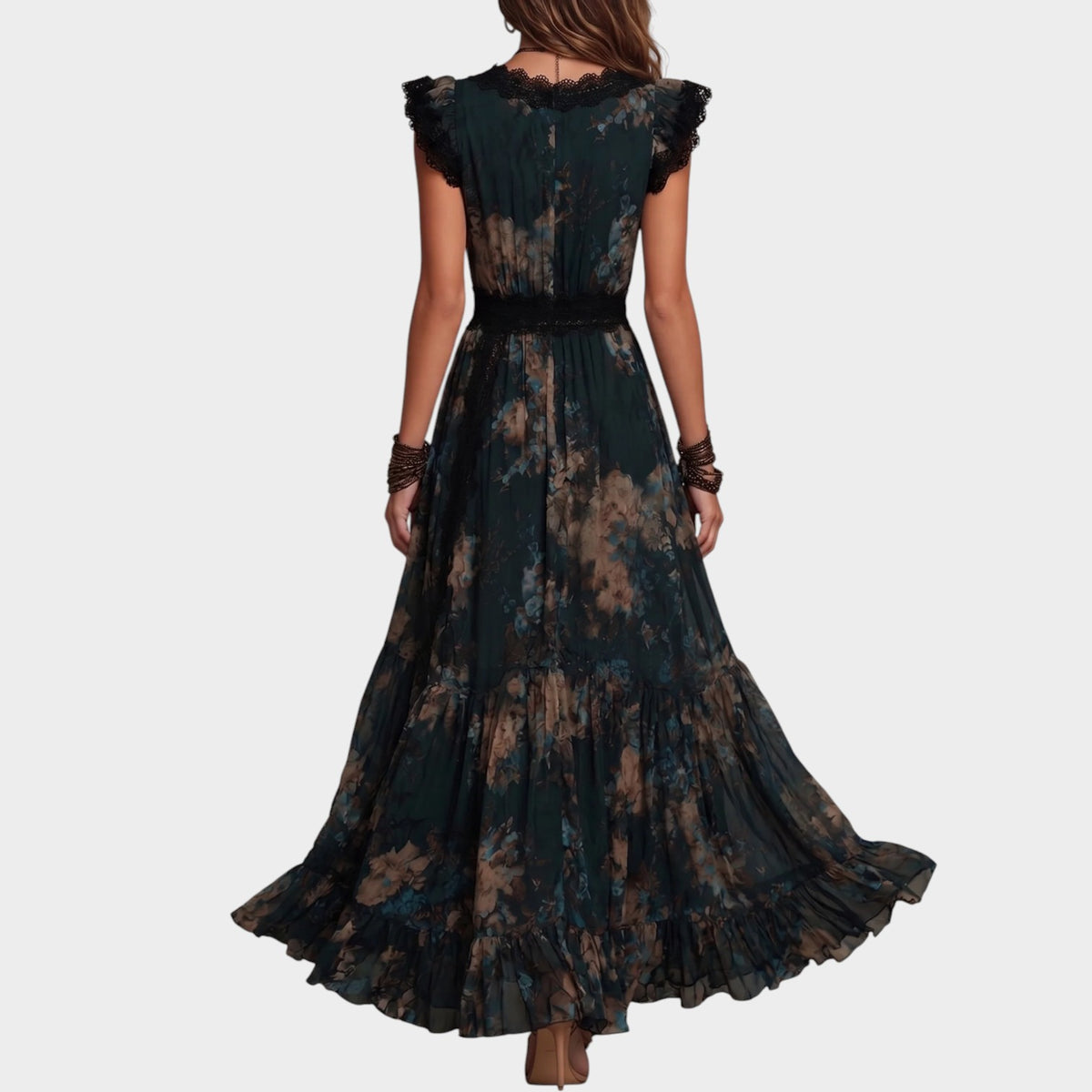 Women’s Dark Floral Maxi Dress with Lace Trim, Ruffle Sleeves and Tiered Skirt
