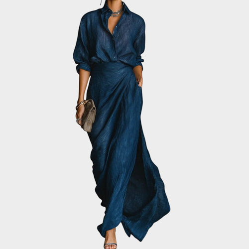 Women’s Maxi Dress with Shirt Collar and Wrap Waist