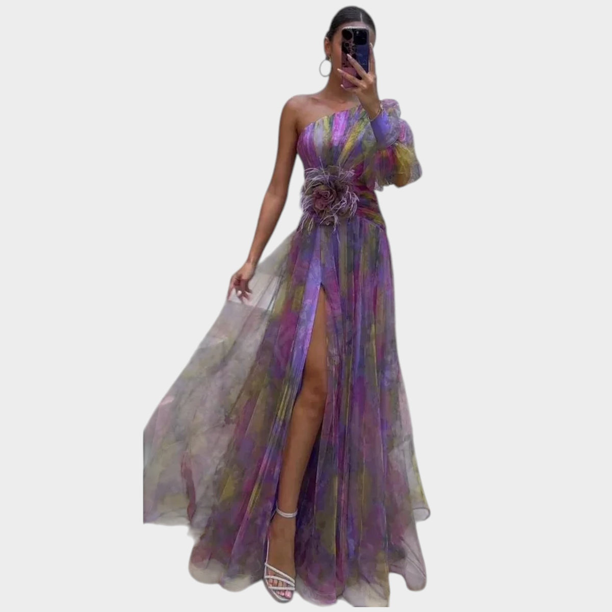 Women’s One-Shoulder Maxi Dress with Sheer Overlay, Floral Print and High Side Slit