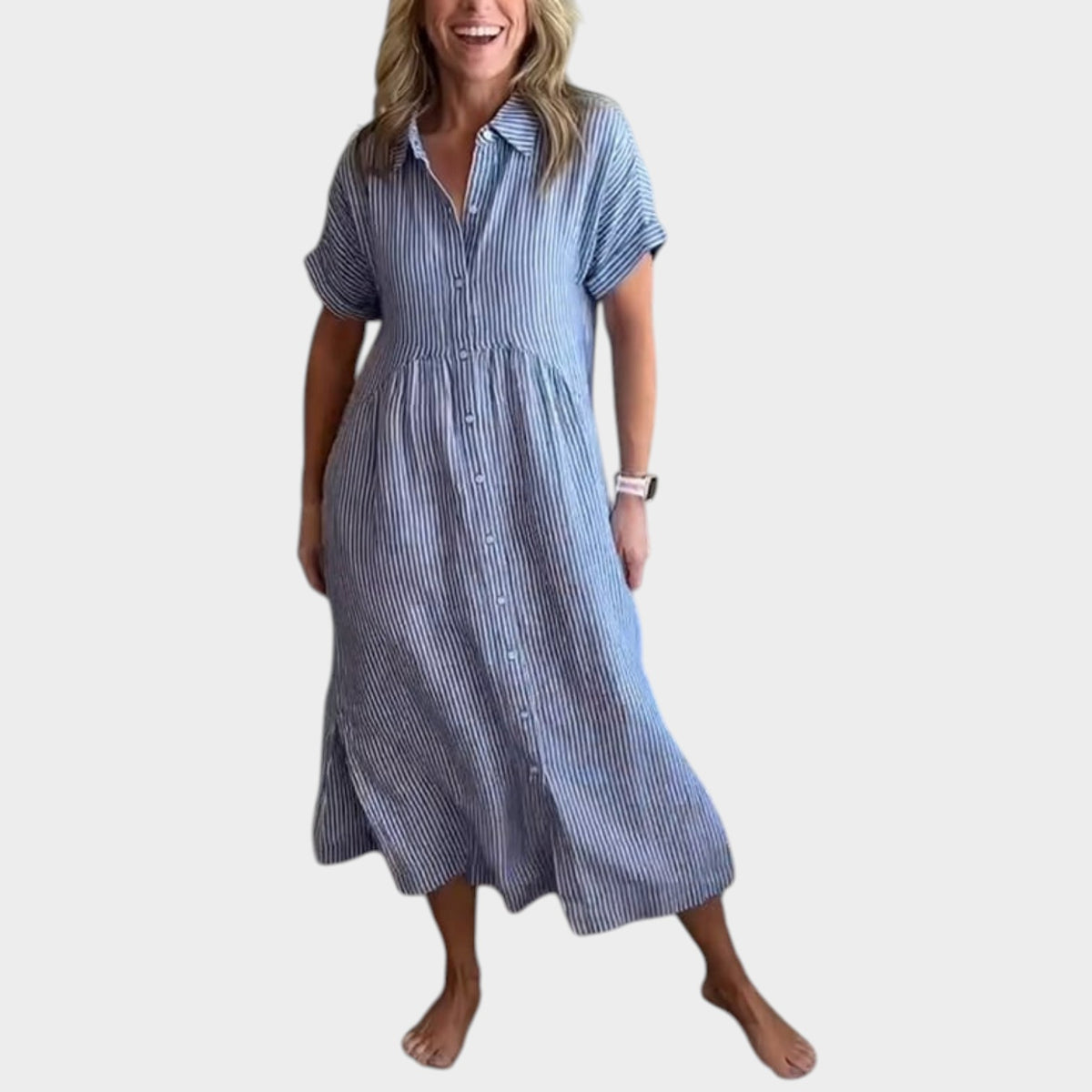 Women’s Striped Maxi Shirt Dress Lapel Collar Button Front