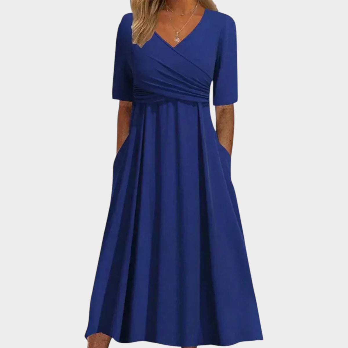 Women’s Midi Dress with V-Neck Crossover Bodice and Side Pockets