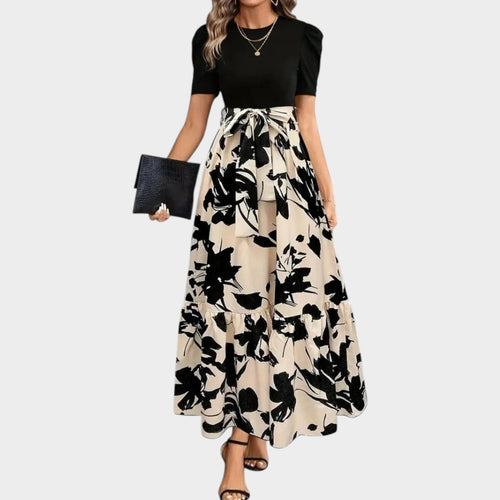 Women’s Tie-Waist Maxi Dress with Puff Sleeves and Abstract Print