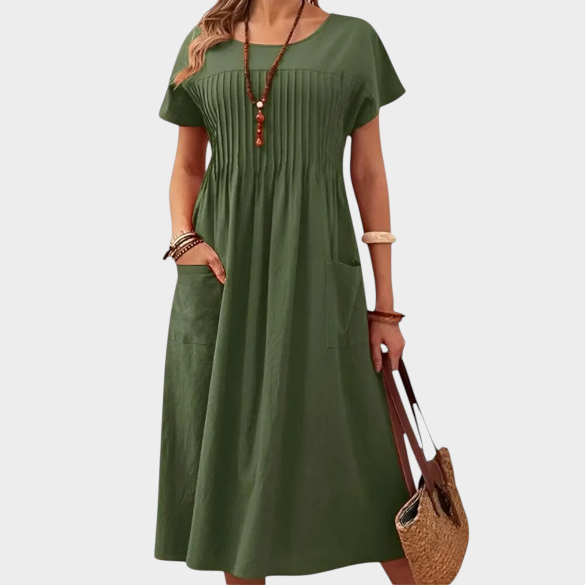 Women’s Midi Dress with Pleated Front and Side Pockets