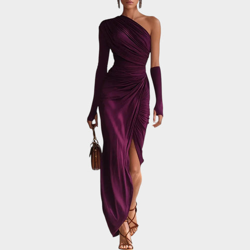 Women’s One-Shoulder Maxi Dress with Draped Detail and Side Slit