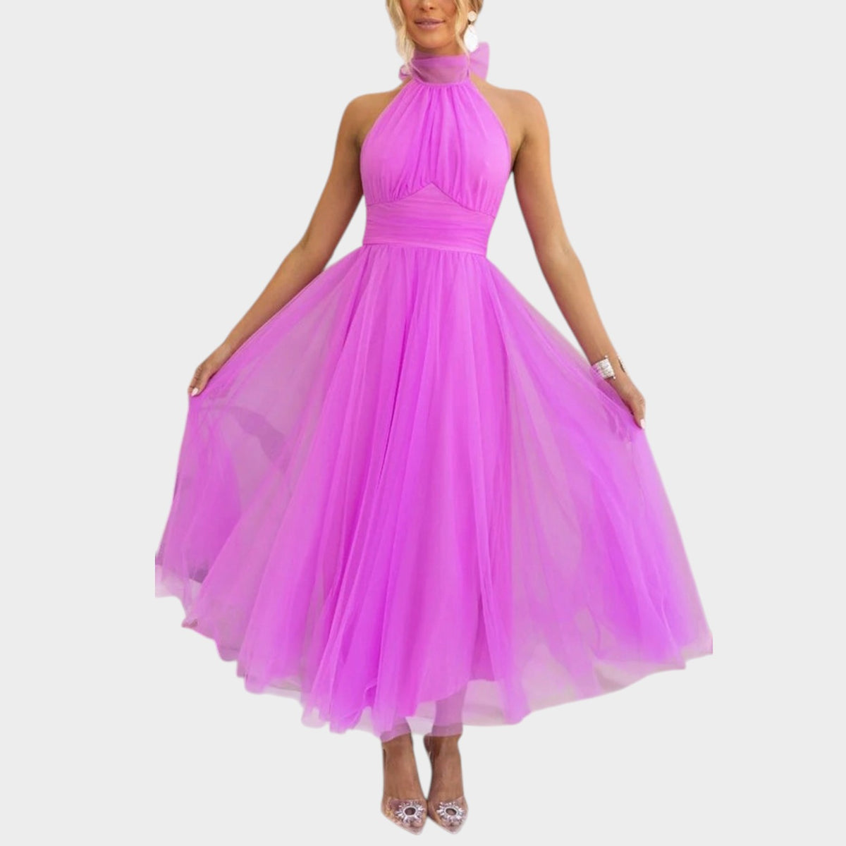 Women’s Halter Neck Midi Dress with Tulle Full Skirt